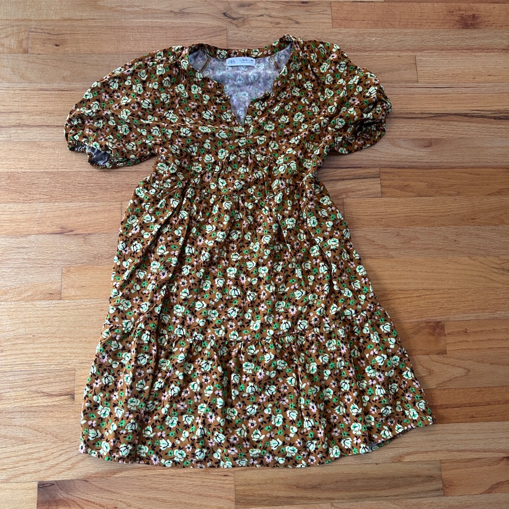 Zara Brown Floral Puff Sleeve Dress with Green Accents